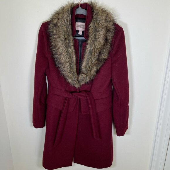 Forever 21 Contemporary Maroon Burgundy Wool Blend Coat with Fur Collar - Picture 1 of 2